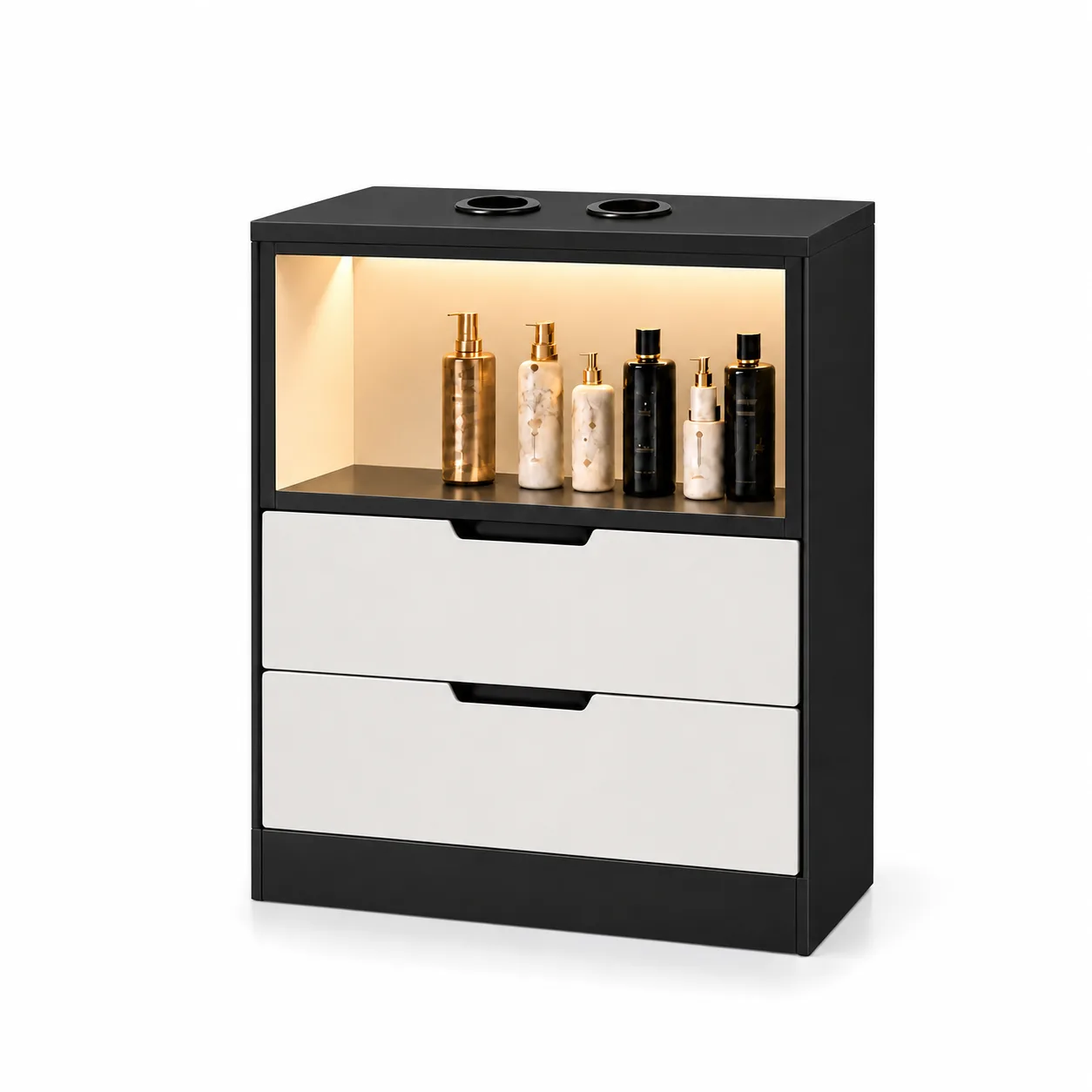 Mueble Auxiliar Negro y Blanco Exhibidor LED 2 Cajones Neru