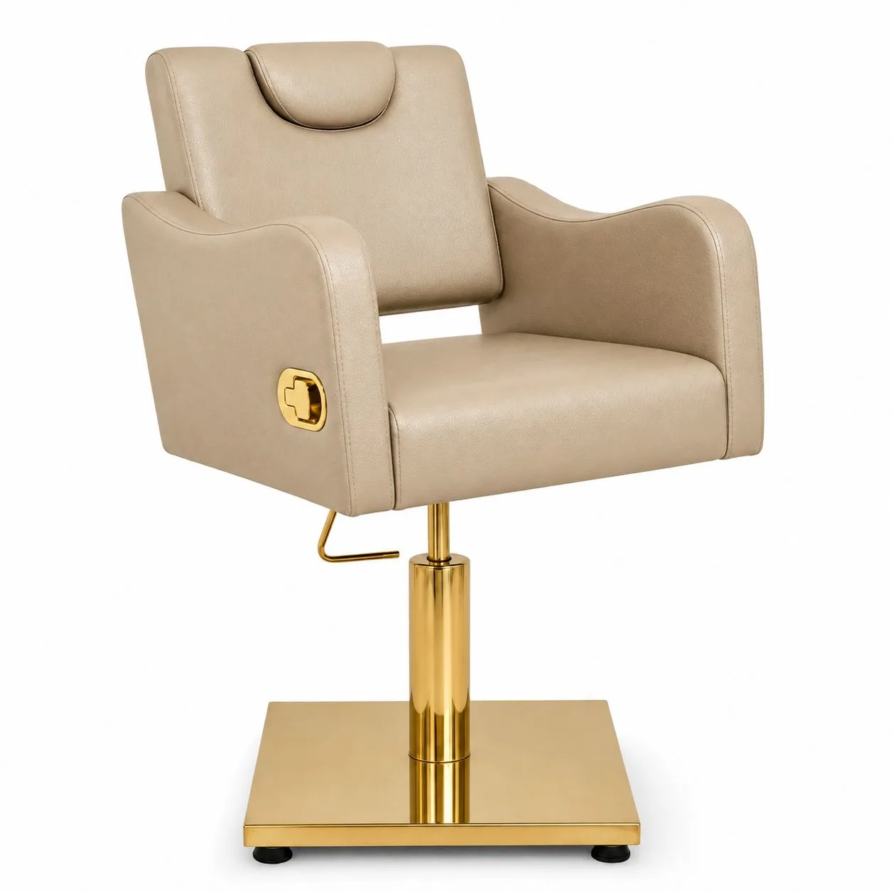 Silla de Corte Hidráulica Gold Elegance — Tapizado Beige y Base Cuadrada Dorada