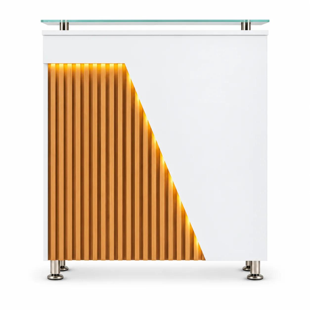 Counter Recepción Blanco Panel Dorado con Cristal LED Nael