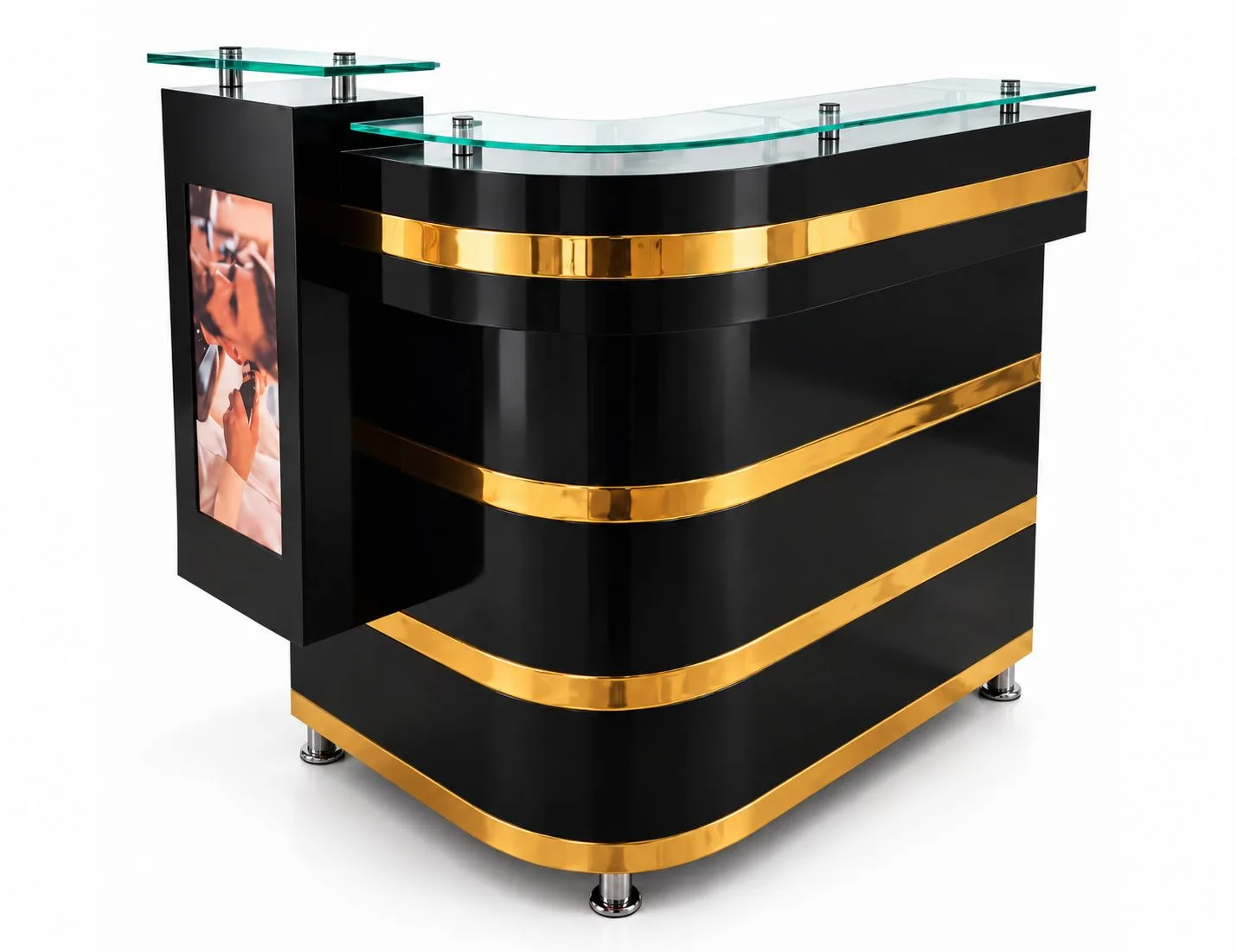 Mostrador Recepción Negro Dorado Con Cristal Vexa