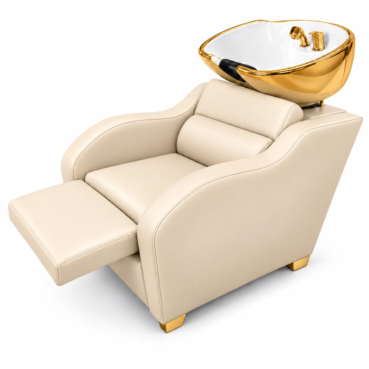 Lavacabeza Sillón Marfil Claro Dorado Premium con Reposapiés Nava